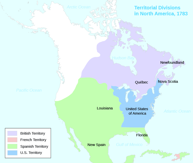 تُظهِر خريطة التقسيمات الإقليمية في أمريكا الشمالية عام 1783. يتم تظليل الأراضي البريطانية والفرنسية والإسبانية والأمريكية. تم تصنيف لويزيانا وفلوريدا وأسبانيا الجديدة ضمن الأراضي الإسبانية، والتي تشمل معظم الولايات المتحدة الحالية غرب المسيسيبي بالإضافة إلى المكسيك وأمريكا الوسطى. تم تصنيف كيبيك ونيوفاوندلاند ونوفا سكوتيا ضمن الأراضي البريطانية، والتي تشمل معظم كندا الحالية. تم تصنيف الولايات المتحدة الأمريكية ضمن الأراضي الأمريكية، التي يحدها من الغرب نهر المسيسيبي. يقتصر الإقليم الفرنسي على هايتي الحالية.