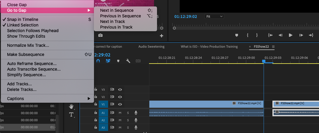 Menu in Premiere Pro highlighting the options to find and remove gaps. 