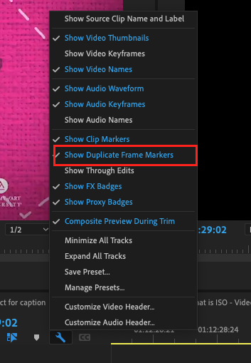Menu in Premiere Pro with a red box around the option to show duplicate frames within the timeline