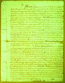 تظهر الصفحة الأولى من دستور بنسلفانيا لعام 1776.