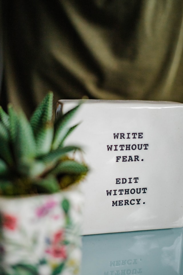 Un cartel sentado en un escritorio junto a una planta en maceta dice “Escribe sin miedo. Edita sin piedad”.