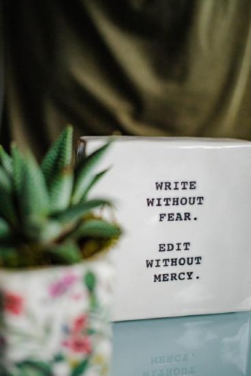 A placard sitting on a desk by a potted plant says "Write without fear. Edit without mercy."