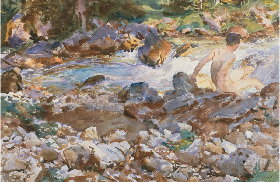 John Singer Sargent, Mountain Stream, c. 1912–14. Watercolor and graphite on off-white wove paper, 13¾ × 21“. Metropolitan Museum of Art, New York