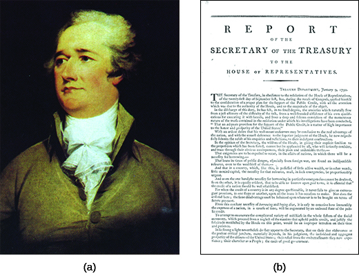 La peinture (a) est un portrait d'Alexander Hamilton. L'image (b) montre la première page du « Rapport sur le crédit public ».