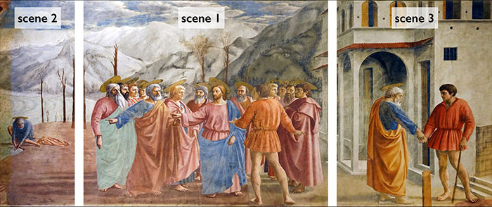 Masaccio, Tribute Money, 1427, fresco (Brancacci Chapel, Santa Maria del Carmine, Florence) (photo: Steven Zucker, CC BY-NC-SA 2.0)