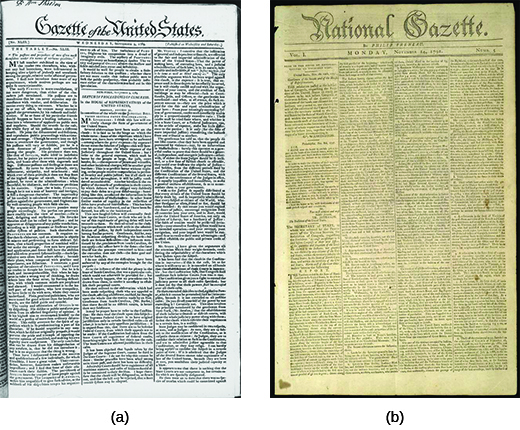 L'image (a) montre la première page de la Gazette des États-Unis. L'image (b) montre la une de la Gazette nationale.