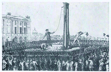 Un dibujo representa la decapitación de Luis XVI durante la Revolución Francesa. Una gran multitud rodea un andamio en el que se monta una guillotina. El cuerpo sin cabeza de Luis XVI yace sobre la plataforma. Un verdugo sostiene la cabeza en alto ante la multitud.