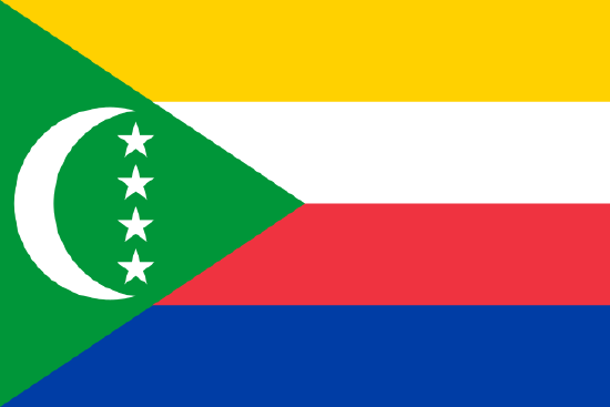 Flag of the Comoros with a crescent and four stars in a green tringle. 