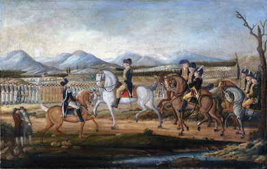 Une peinture représente George Washington, monté à cheval, à la tête d'un grand nombre de troupes, à cheval et à pied, dans une vaste plaine avec des montagnes en arrière-plan.