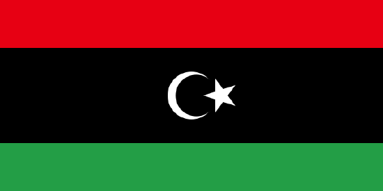 flag of Libya with three horizontal stripes of Black, green, red with white one star and one crescent.