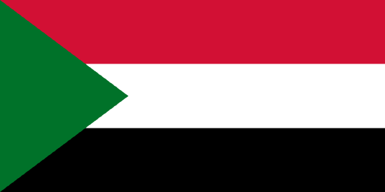 flag of Sudan black, green, red, and white with fields divided per chevron and 3 strips. 