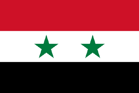 flag of Syria black, red, and white with two green five pointed stars.