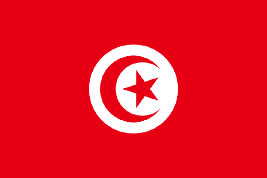Flag of Tunisia red and white with one red crescent and five pointed star. 