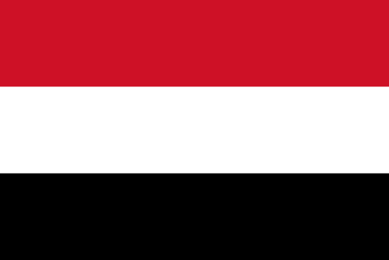 Flag of Yemen with three horizontal stripes of red, white and black.