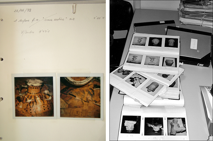 Izquierda: Imagen de un Ánfora del Archivo Becchina (Cortesía del Dr. Christos Tsirogiannis); Derecha: Polaroids incautados en el almacén de Giacomo Medici