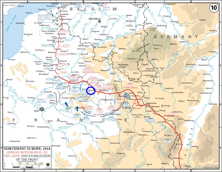 Карта Західного фронту, 1914, з Реймсом, обведеним синім кольором (карта: Відділ історії Військової академії Сполучених Штатів, CC0)