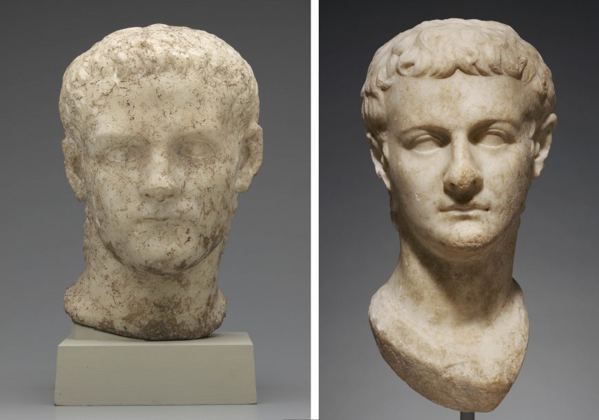 Dos cabezas de retrato del emperador Calígula, crearon 37-41 C.E., mármol, retiradas de sus cuerpos tras su muerte. Izquierda: 43 x 21.5 x 25 cm (The J. Paul Getty Museum, Los Angeles); derecha: 33 x 21 x 23.5 cm (Galería de Arte de la Universidad de Yale)