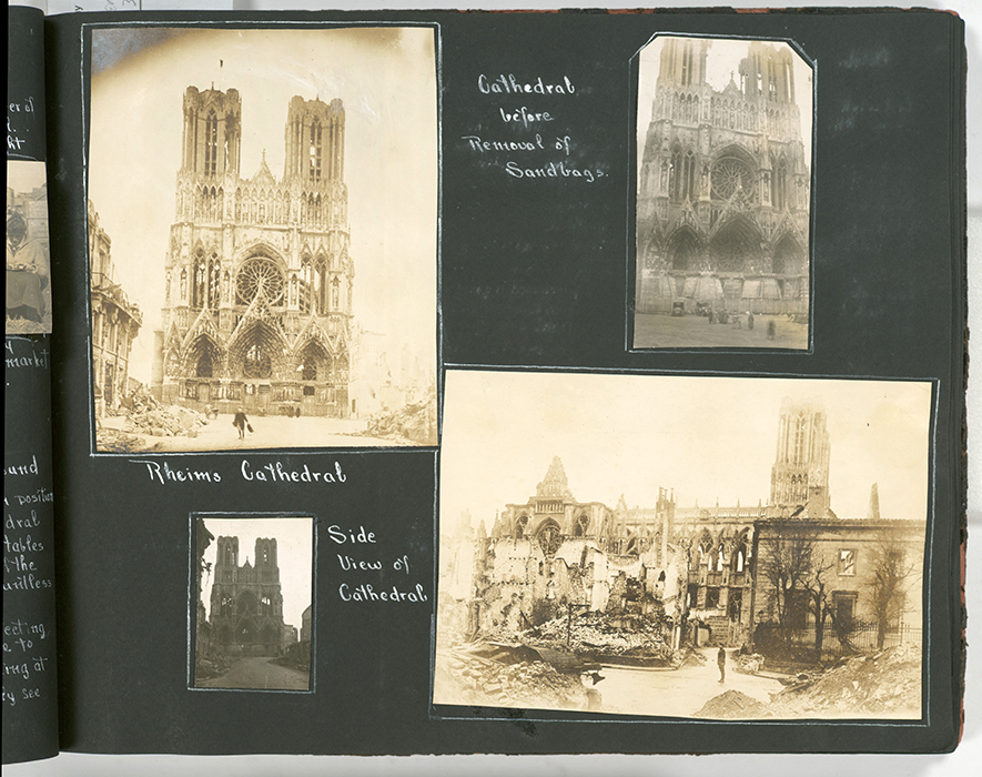 “Catedral antes de la remoción de sacos de arena; Catedral de Reims; vista lateral de la catedral” (Colecciones Digitales de la Biblioteca Pública de Nueva York)