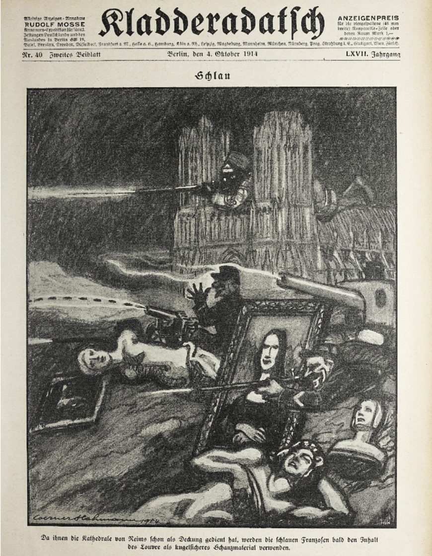 Los astutos franceses han utilizado la catedral de Reims como plataforma de tiro; a continuación van a construir trincheras con el contenido del Louvre”. Werner Hahmann, Schlau (Sly), de Kladderarsch, núm. 40 (octubre 1914, portada)