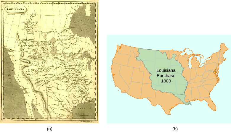 تُظهر الخريطة (أ) الأراضي المضافة إلى الولايات المتحدة في عملية شراء لويزيانا كما تصورها صانعو الخرائط في ذلك الوقت. تُظهر الخريطة (ب) الولايات المتحدة الحديثة، مع تظليل الأرض التي تم الحصول عليها في عملية شراء لويزيانا، وهي جزء كبير من وسط البلاد.