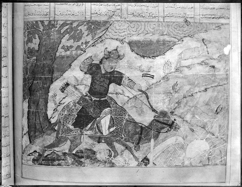 Fotografía tomada por Antoin Sevruguin en Teherán mostrando la ilustración de “Bahram Gur Caza con Azada” del Gran Mongol Shahnama en un manuscrito encuadernado (Freer Gallery of Art, FSA.A.04, Item FSA A.4 2.12.GN.40.07)