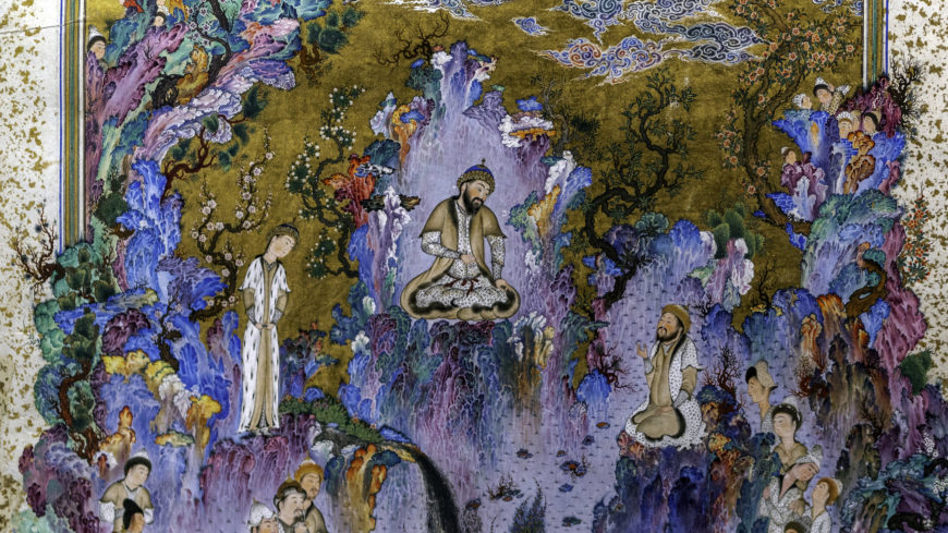 Sultán Muhammad, atribuido, La corte de Kayumars (Safavid: Tabriz, Irán), c. 1524-25, acuarela opaca, tinta y oro sobre papel, 45 x 30 cm (Museo Aga Khan, Toronto), producido como parte de un Shahnameh para Shah Tahmasp