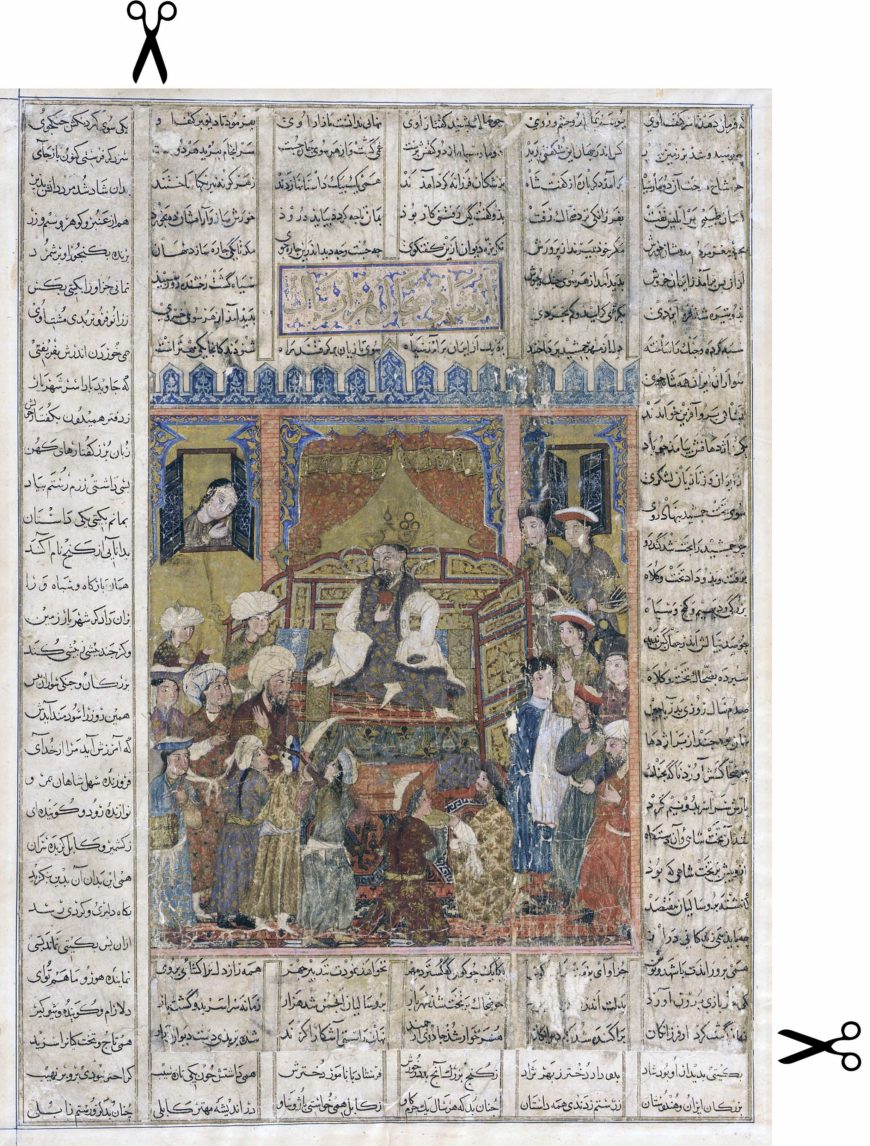 Una página del Gran Shahnama mongol que ha sido desgastada mientras se divide del reverso original del folio. Ahora se pega en una página con texto de otra parte de la epopeya. Fue comprado a Demotte, Inc en 1923. “Zahhak Entronizado”, del Gran Shahnama mongol, c. 1330—40 (dinastía Il-Khanid, Tabriz, Irán), tinta, acuarela opaca y oro sobre papel, 24.3 x 19.7 cm (Galería de Arte Freer, F1923.5)