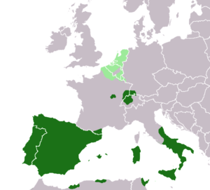 Territorios europeos bajo el dominio de Felipe II de España alrededor de 1580, con los Países Bajos españoles en verde claro