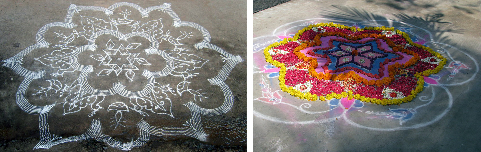 Izquierda: Rangoli en tiza (foto: ramya_aiyappan, CC BY-NC 2.0) Derecha: Rangoli en tiza y flores (foto: McKay Savage, CC BY 2.0)