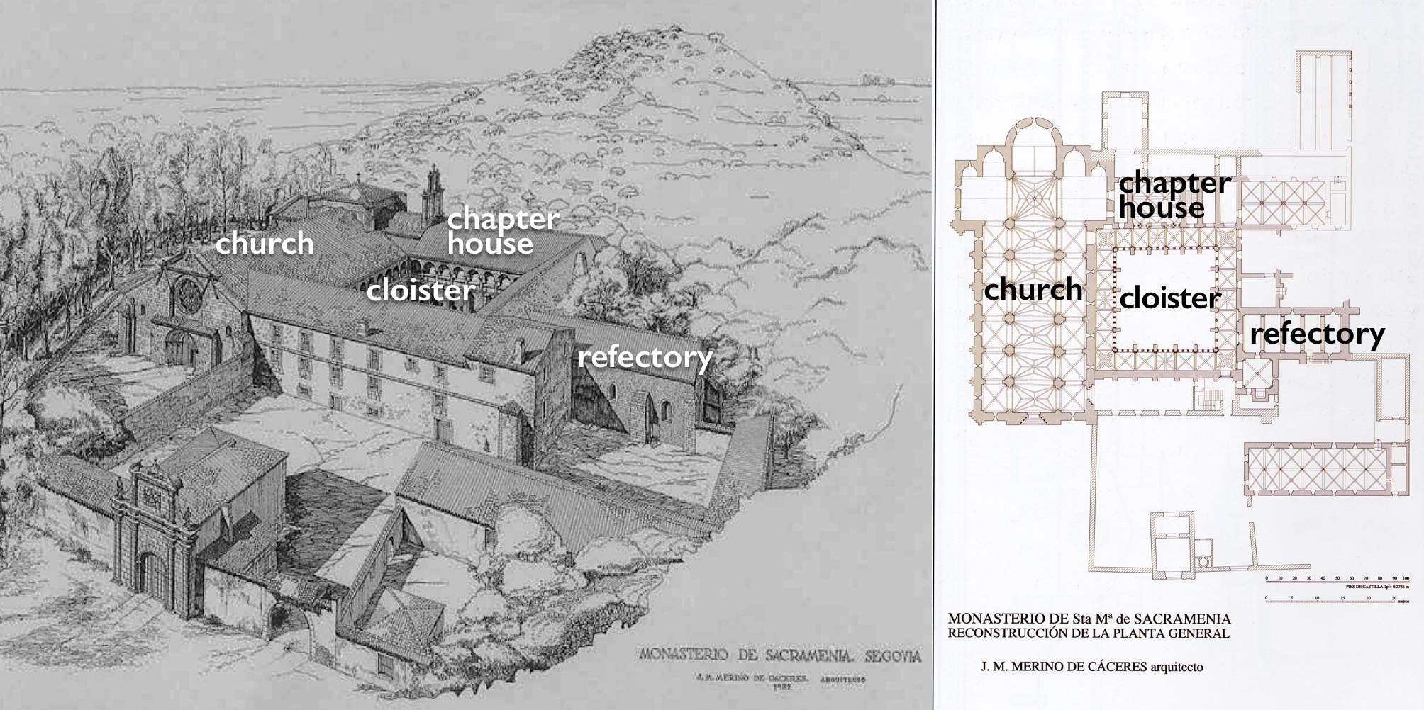 Perspectiva y plano del monasterio antes del saqueo (según Joseé Miguel Merino de Cáceres, arquitecto, de 1982)