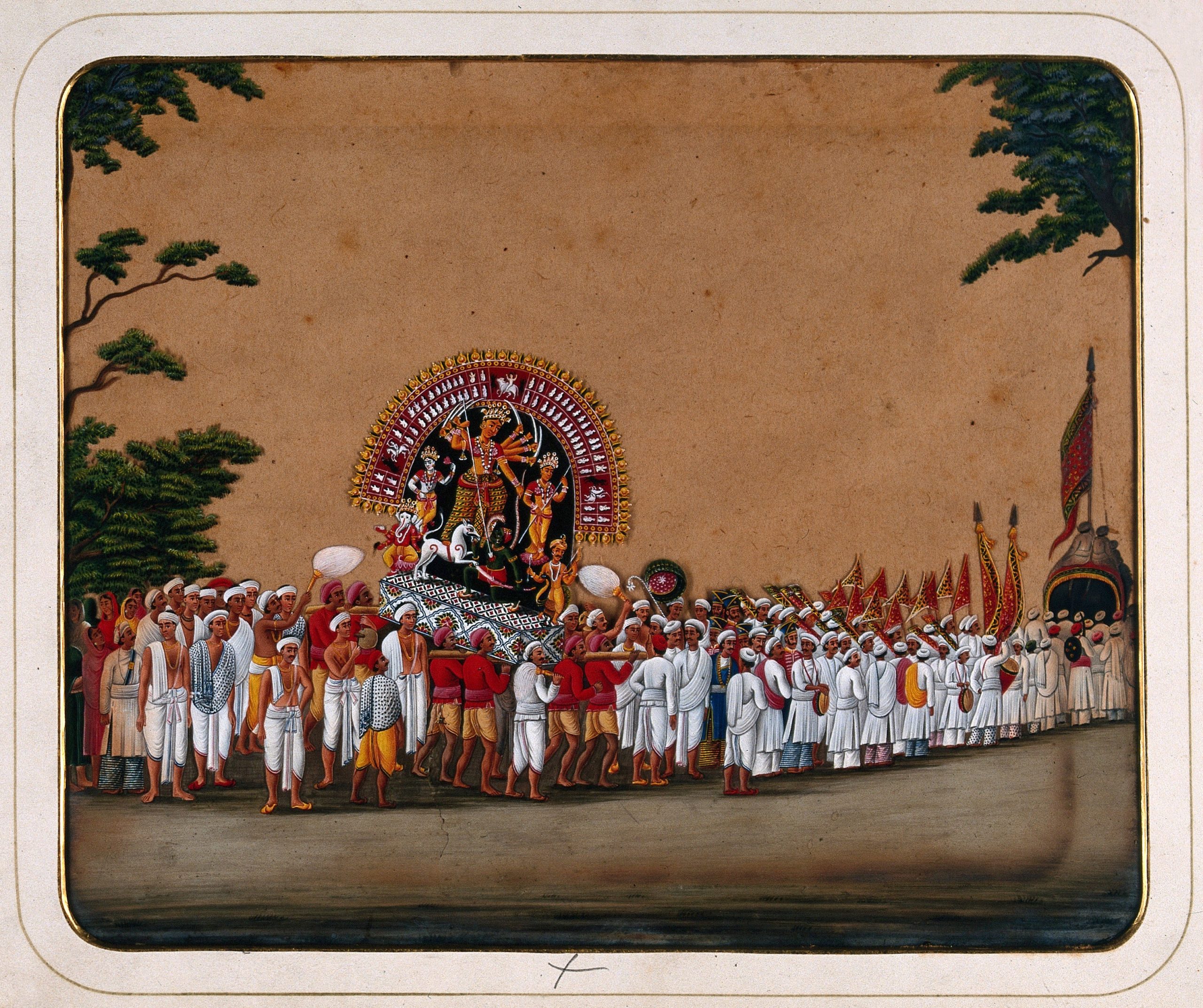 Durga Puja: una procesión con un ídolo de Durga para honrar su victoria sobre el mal, siglo XIX en Una colección de trajes, tipos y ocupaciones indias, gouache sobre mica (Biblioteca Wellcome, CC BY 4.0)
