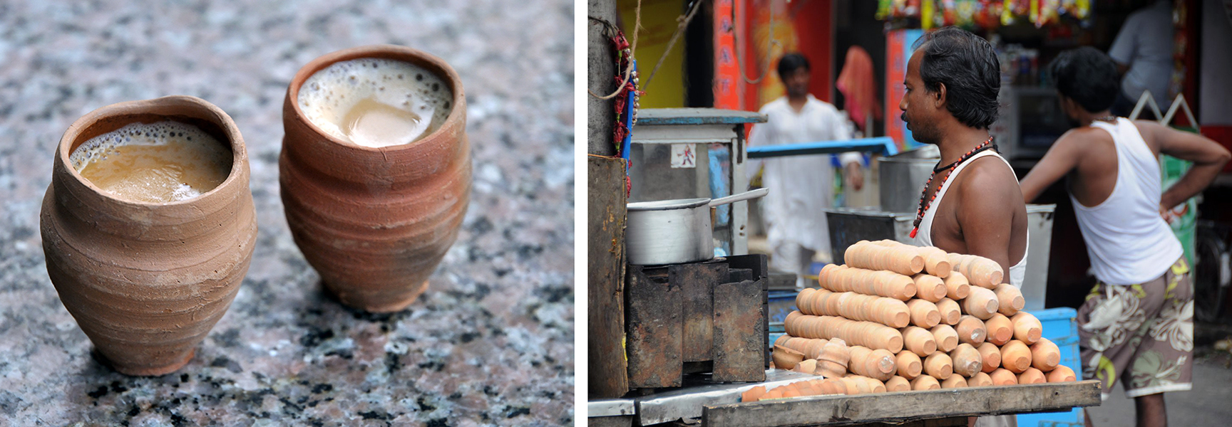 Izquierda: Masala chai en tazas de terracota (foto: Biswarup Ganguly, CC BY 3.0); Derecha: Vendedor Chai, Kolkata (foto: Nomad Tales, CC BY-SA 2.0)