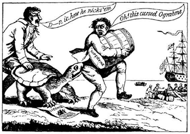 Una caricatura muestra a una tortuga quebradiza, quien posee una licencia de envío, mordiendo a un contrabandista en el acto de escabullirse un barril de azúcar a un barco británico. El contrabandista grita: “¡Oh, este maldito Ograbme!” Su compañero llora “D—n it. ¡cómo los mella!”