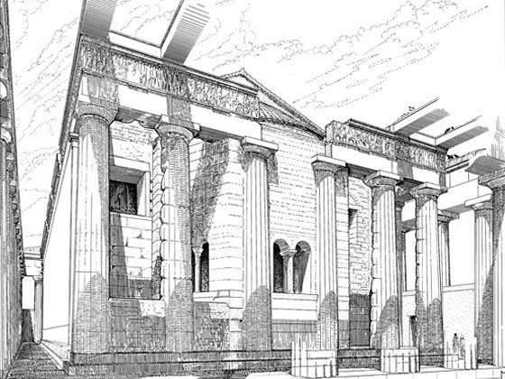 Dibujo de reconstrucción de la iglesia dentro del Partenón de M. Korres de Panayotis Tournikiotis, El Partenón y su impacto en los tiempos modernos (Nueva York, 1996).