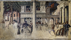Mantegna, Martirio de San Cristóbal (izquierda) y Transporte del cuerpo de San Cristóbal (derecha)