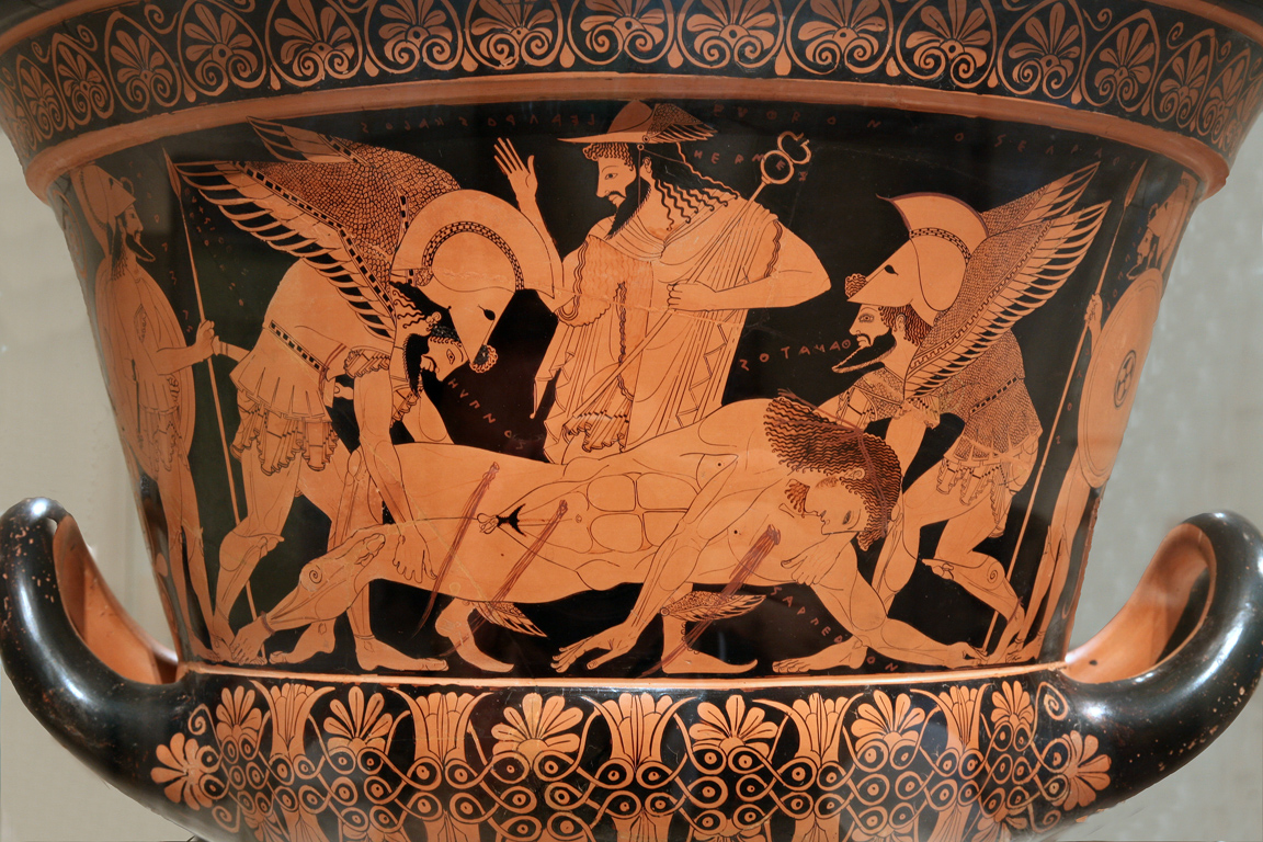 Євфроній, Сарпедон Кратер, (підписаний Евксифеєм як гончар і Євфроніос як художник), c. 515 до н.е., червонофігурна теракота, діаметр 55,1 см (Національний музей Cerite, Черветері, Італія)