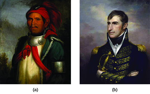 Painting (a) 是 Tenskwatawa 的肖像，他戴着金属耳环和项圈以及一顶带羽毛的红色布帽。 他的右眼不见了。 Painting (b) 是身穿精美军装的威廉·亨利·哈里森的肖像。