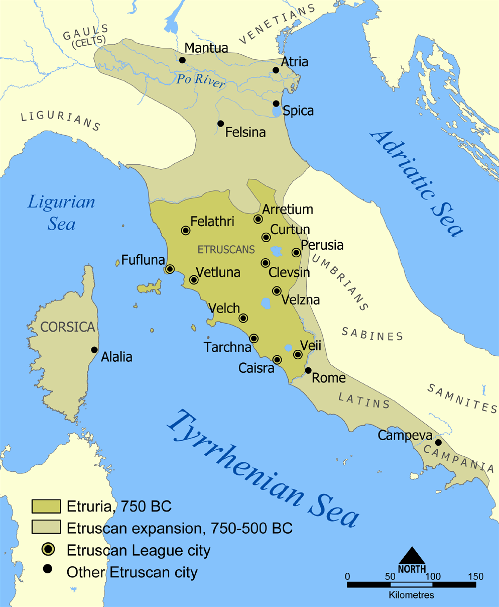 Mapa que muestra la extensión de Etruria en 750 B.C.E. (mapa: NormanEinstein, CC BY-SA 3.0)