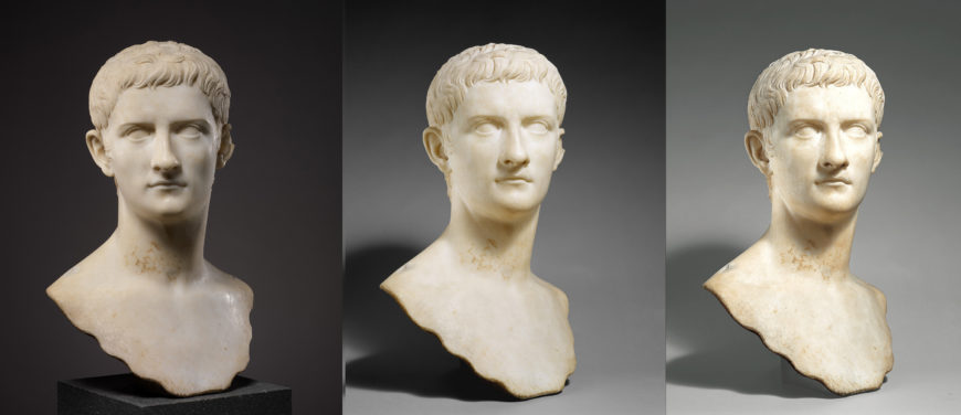 Tres fotografías de museo de un retrato de Calígula, que se dice que fueron encontradas cerca de Marino, Lago Albano. Adquirido por el Museo Metropolitano de Arte en 1914 a Alfredo Barsanti, Roma (El Museo Metropolitano de Arte)