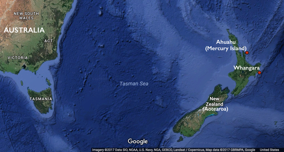 Mapa que muestra Mercury Island y Whangara