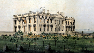 Uma pintura retrata a Casa Branca queimada, que está enegrecida por dentro com danos causados pela fumaça visíveis em seu exterior.