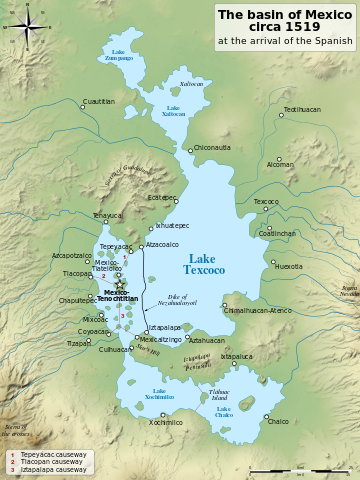 Mapa de Lago Texcoco, con Tenochtitlan (a la izquierda) Valle de México, c. 1519 (creado por Yavidaxiu, CC BY-SA 3.0)