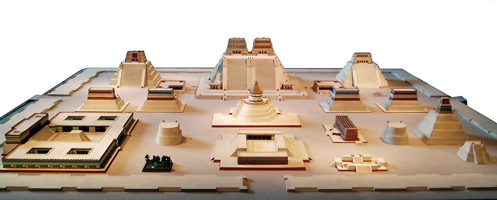 Modelo del recinto sagrado en Tenochtitlan (Museo Nacional Antropológico, Ciudad de México) (foto (editada), Steve Cadman, CC BY-SA 2.0)
