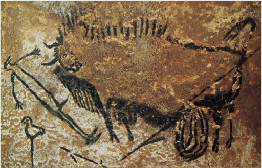 ¿Bisonte decapitado y figura humana con cabeza de pájaro? Cueva en Lascaux, c. 16,000-14,000 BCE