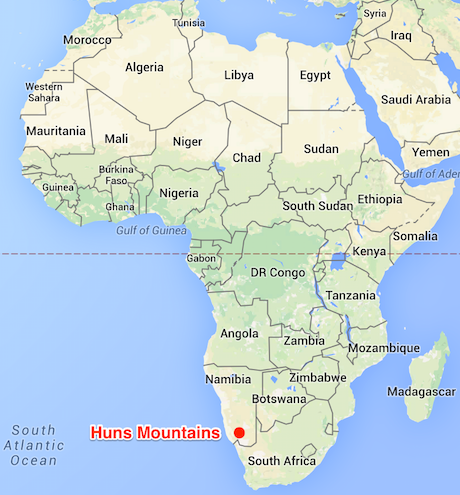 Ubicación de las montañas Hunos de Namibia © Datos del mapa Google