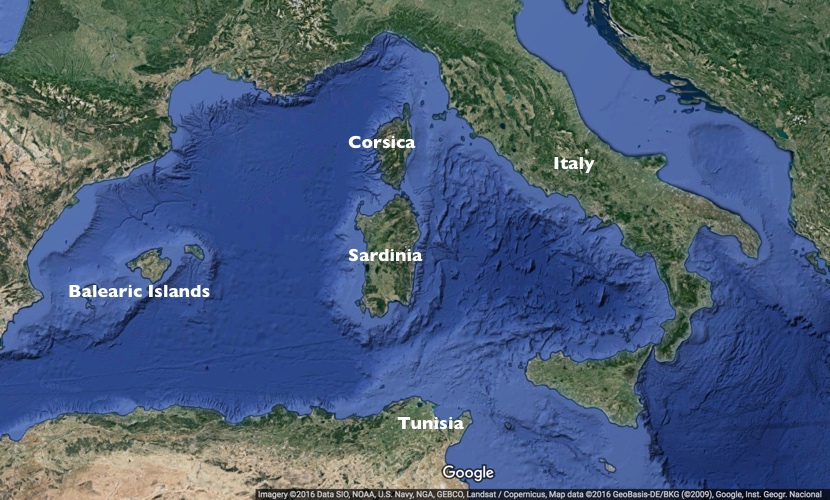 Map showing the location of Sardinia