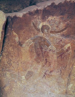 Running Horned Woman, 6,000-4,000 B.C.E., pigmento sobre roca, Tassili n'Ajjer, Argelia