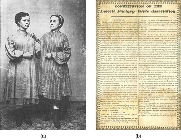 La photographie en étain (a) montre deux jeunes femmes portant des blouses de travail debout côte à côte. L'image (b) est un document intitulé « Constitution de la Lowell Factory Girls Association ».