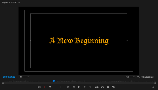 Video text in editing software with a decorative typeface.