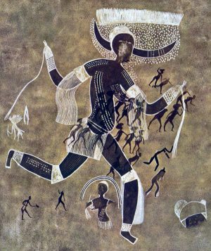 Visible in this reproduction of the original rock painting are two groupings in red ochre of small human figures superimposed onto the yellow and white horned goddess